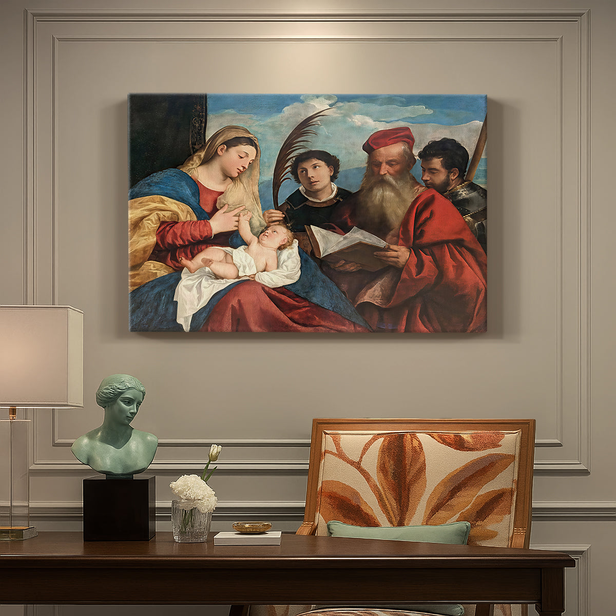 Canvas art print featuring a group of holy figures gathered around Madonna and child in colorful composition, presented within a refined interior setting