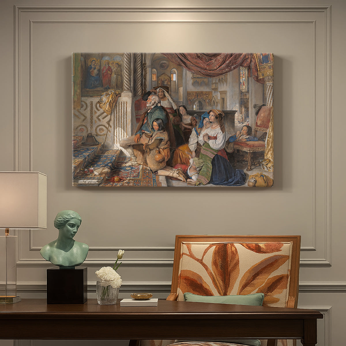 Canvas art print featuring a group of figures gathered outdoors in travel or religious setting, presented within a refined interior setting