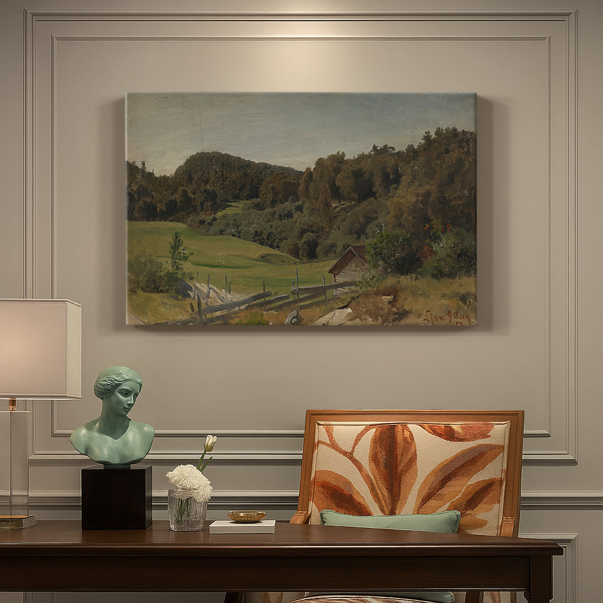 Canvas art print featuring a rolling landscape with fields, trees, and distant water under open sky, presented within a refined interior setting