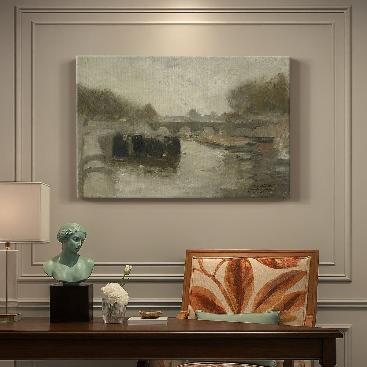 Canvas art print featuring a hazy bridge over water in a muted atmospheric landscape, presented within a refined interior setting