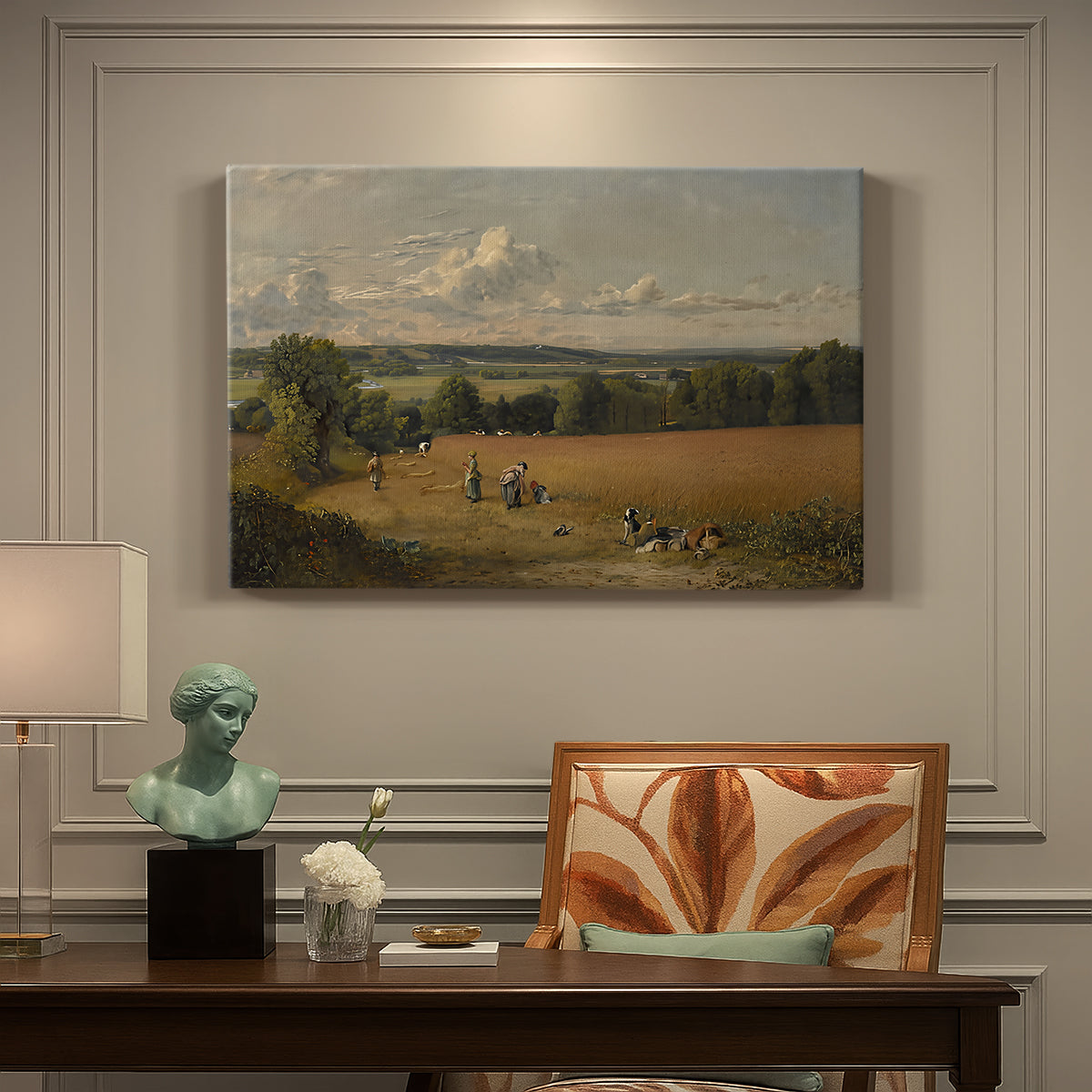 Canvas art print featuring an open field with path through crops under wide sky, presented within a refined interior setting