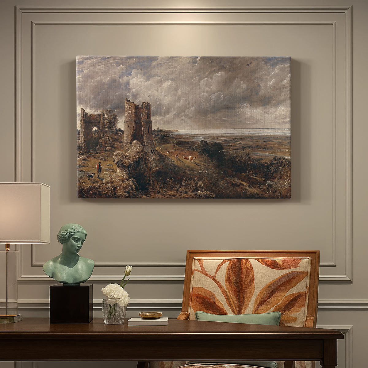 Canvas art print featuring a ruined castle overlooking river and landscape, presented within a refined interior setting