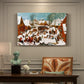 Canvas art print featuring a chaotic village scene with soldiers attacking civilians in winter setting, presented within a refined interior setting