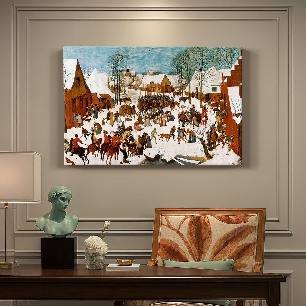 Canvas art print featuring a chaotic village scene with soldiers attacking civilians in winter setting, presented within a refined interior setting