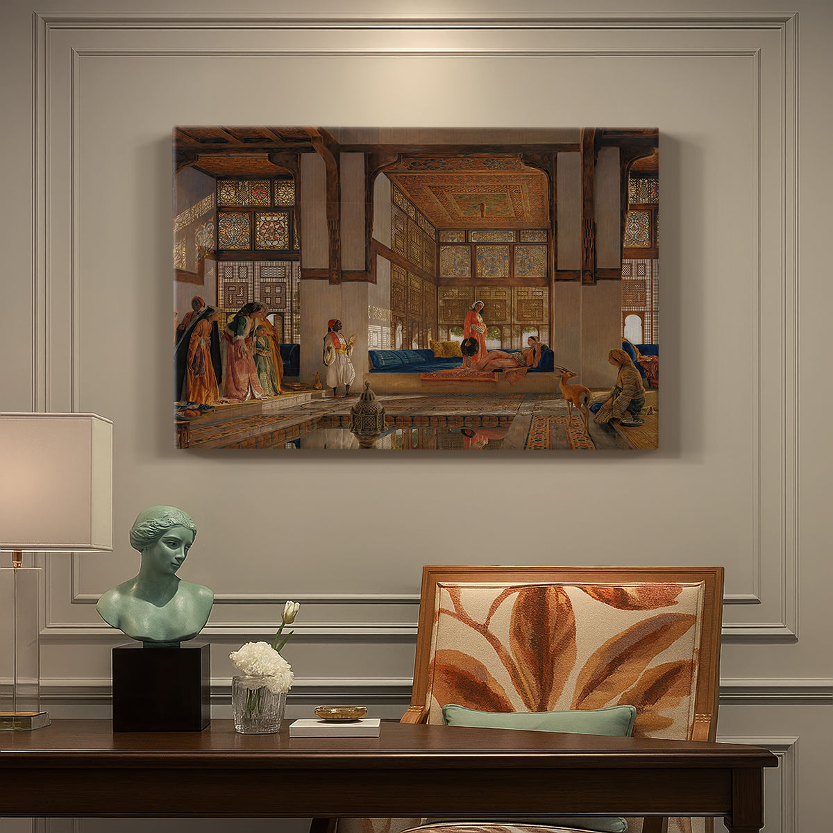 Canvas art print featuring an interior scene with woman receiving guests in ornate room, presented within a refined interior setting