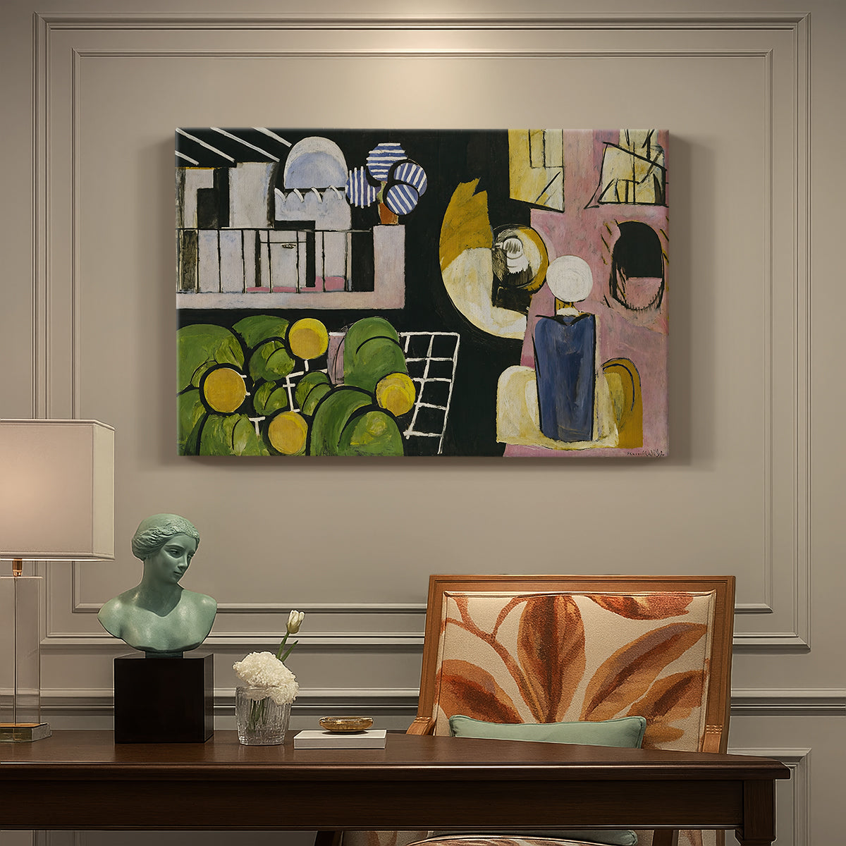 Canvas art print featuring a scene with figures, architecture, and still life elements, presented within a refined interior setting
