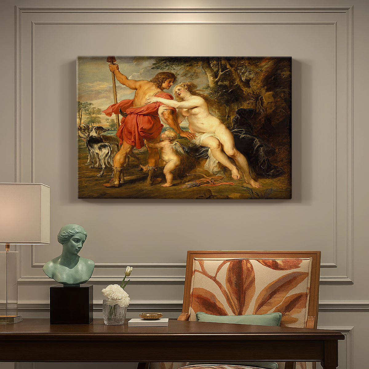 Canvas art print featuring mythological figures interacting in dramatic outdoor scene, presented within a refined interior setting