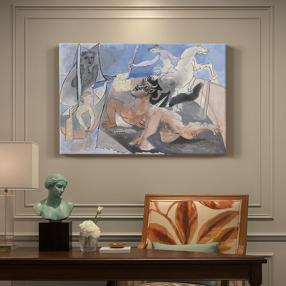 Canvas art print featuring a mythological minotaur in surreal sketch composition, presented within a refined interior setting