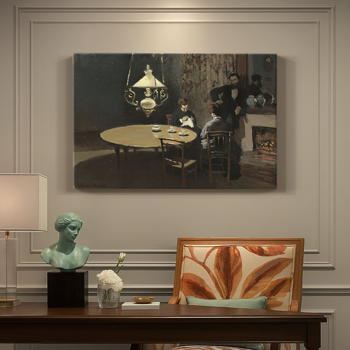 Canvas art print featuring a dimly lit interior with table setting and figure seated after meal, presented within a refined interior setting