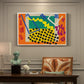 Canvas art print featuring an abstract arrangement of organic cut-out shapes in bold contrasting colors, presented within a refined interior setting