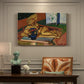 Canvas art print featuring a still life with a small sculpture and Persian vase on a table, presented within a refined interior setting
