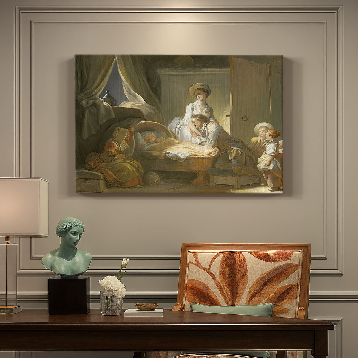 Canvas art print featuring a domestic interior with figures gathered around child in cradle, presented within a refined interior setting
