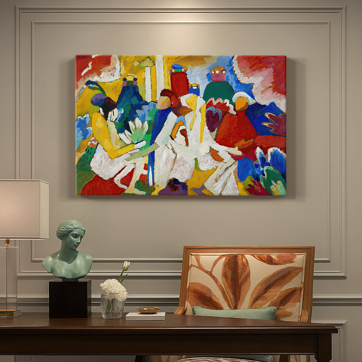 Canvas art print featuring a colorful abstract composition with clustered shapes suggesting figures and decorative elements, presented within a refined interior setting