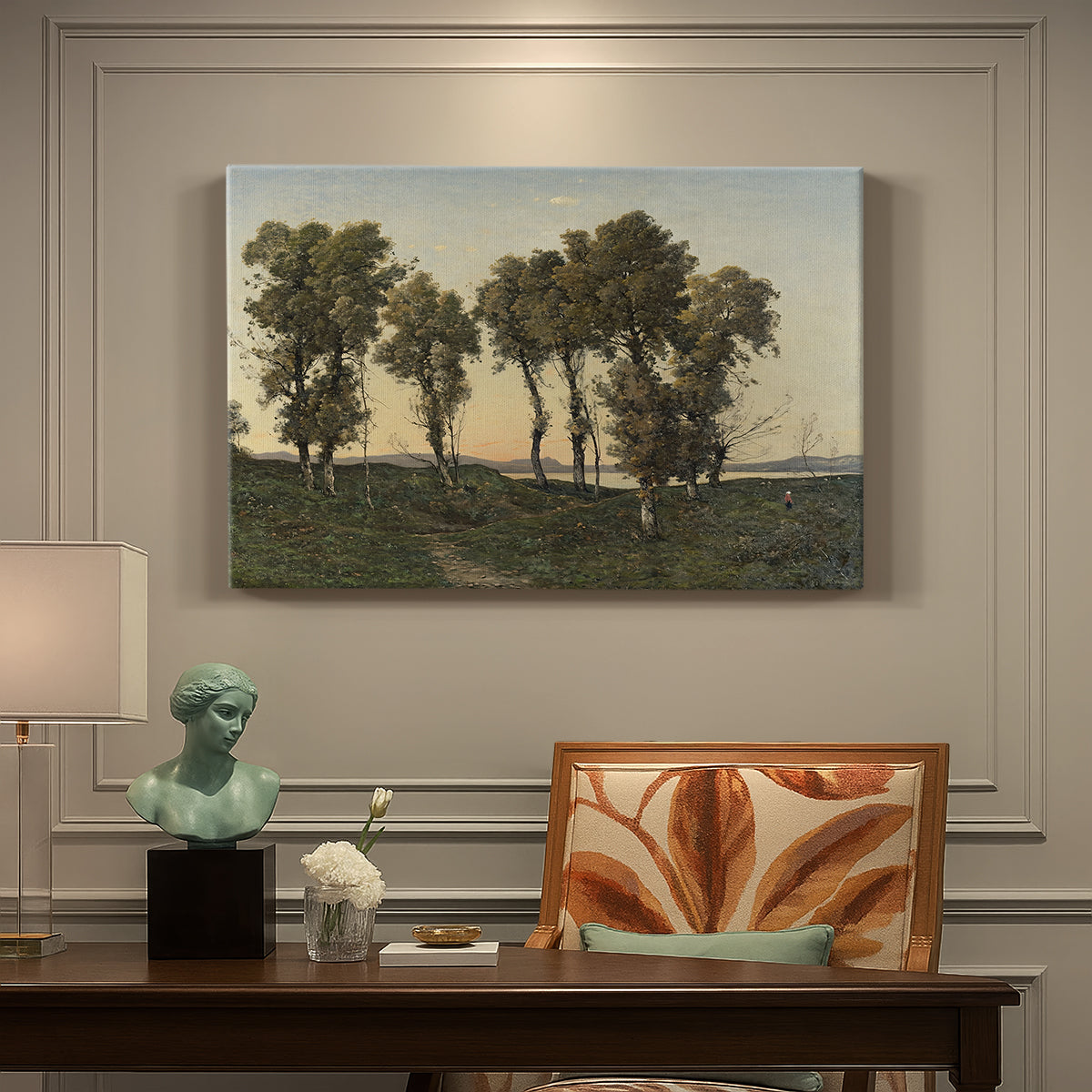 Canvas art print featuring trees silhouetted against evening sky in warm autumn tones, presented within a refined interior setting