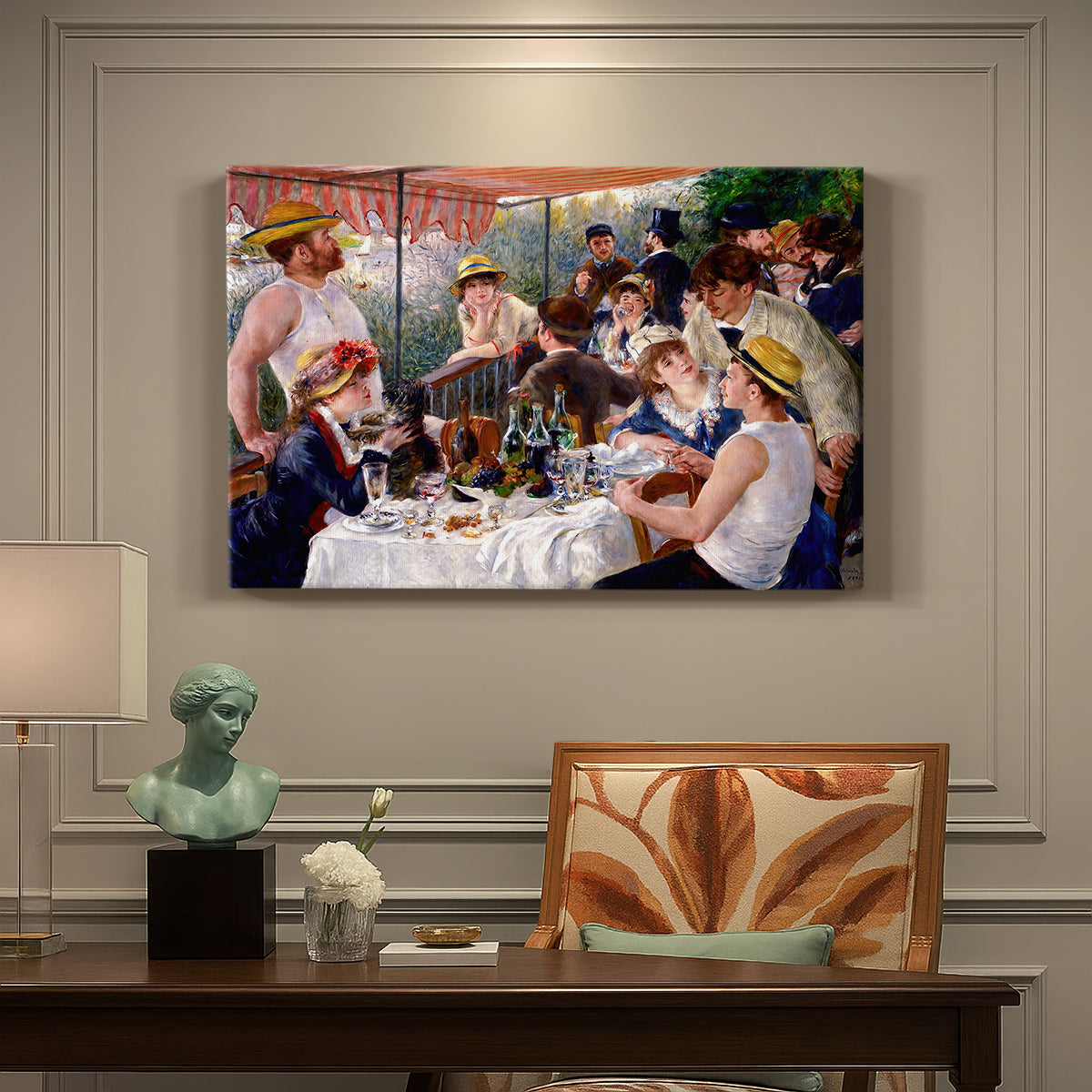 Canvas art print featuring a group of elegantly dressed people dining together on a sunlit balcony overlooking the river, presented within a refined interior setting
