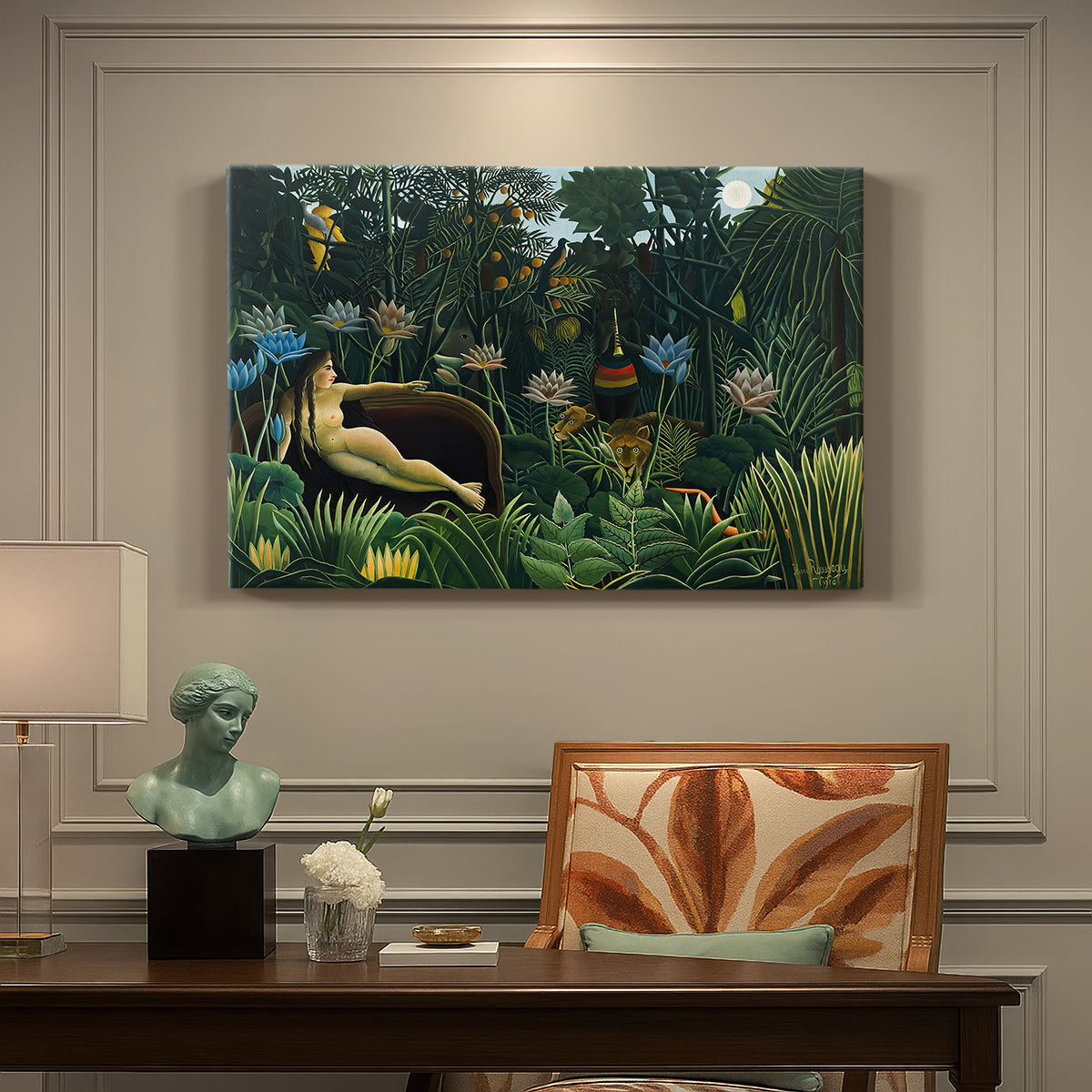 Canvas art print featuring a reclining nude woman surrounded by dense jungle plants and animals, presented within a refined interior setting