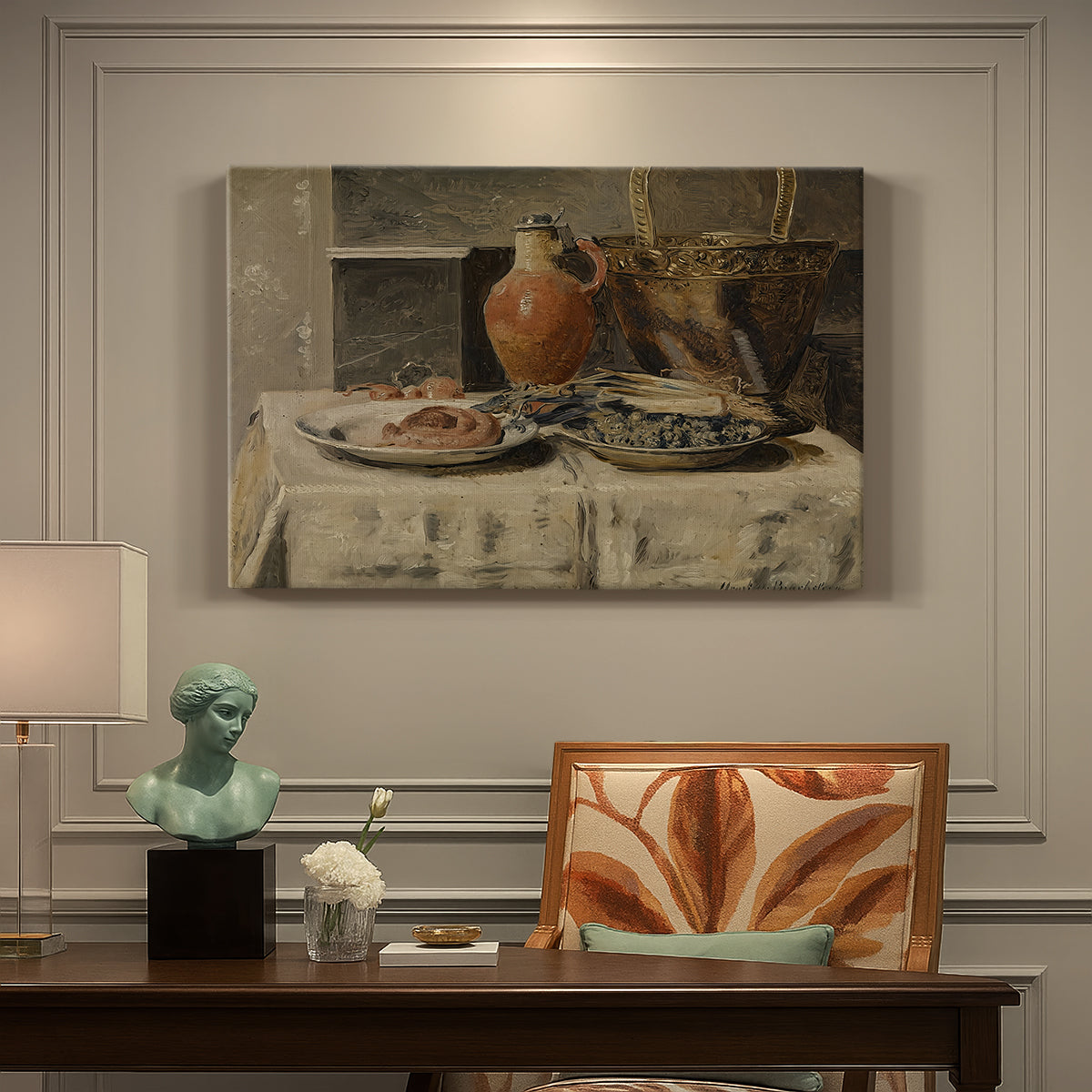 Canvas art print featuring a simple still life arrangement with jar and objects on table, presented within a refined interior setting