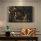 Canvas art print featuring a man with multiple dogs preparing for hunting in countryside, presented within a refined interior setting