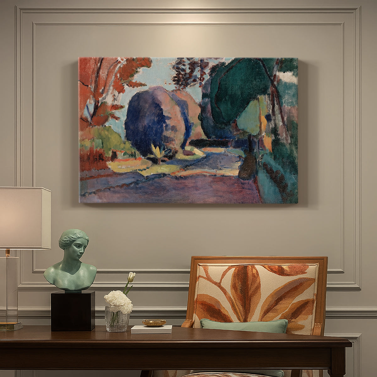 Canvas art print featuring a garden landscape with figure and dense greenery, presented within a refined interior setting