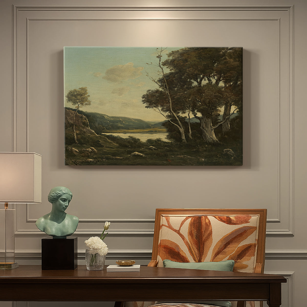 Canvas art print featuring an open countryside landscape with trees and distant horizon under soft sky, presented within a refined interior setting