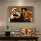 Canvas art print featuring a woman reading man's palm while discreetly removing his ring, presented within a refined interior setting