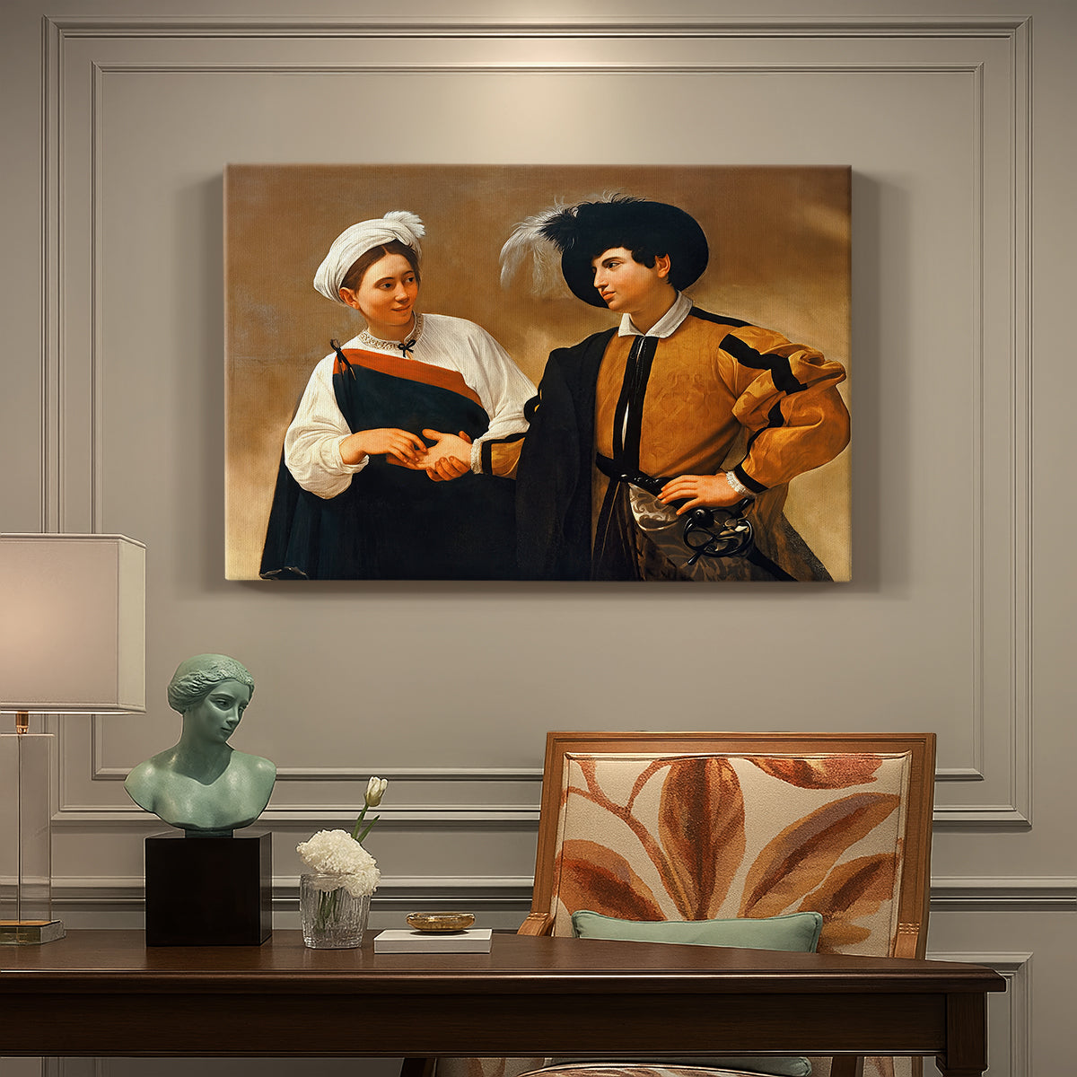 Canvas art print featuring a woman reading man's palm while discreetly removing his ring, presented within a refined interior setting