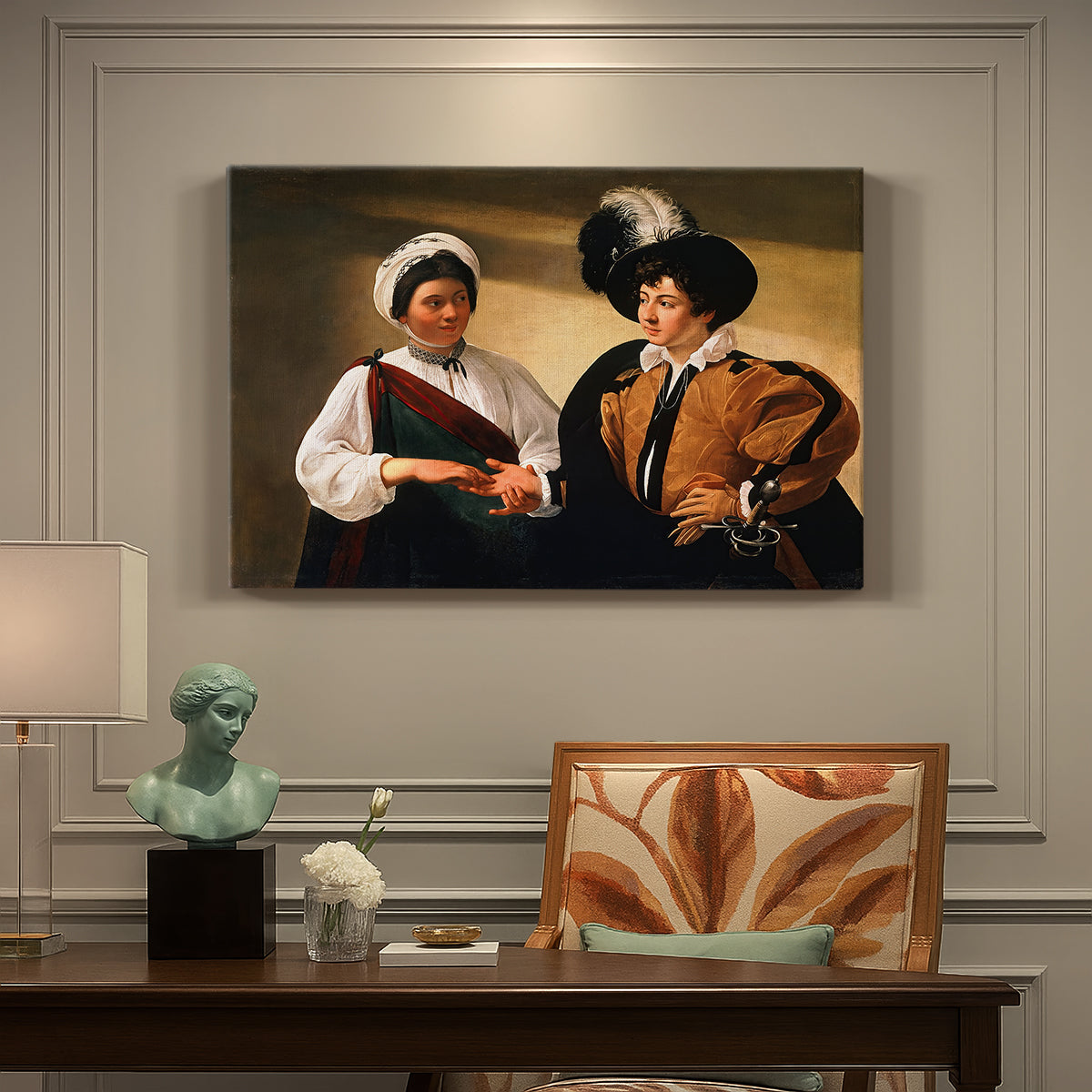 Canvas art print featuring a woman reading a young man's palm while secretly stealing his ring, presented within a refined interior setting