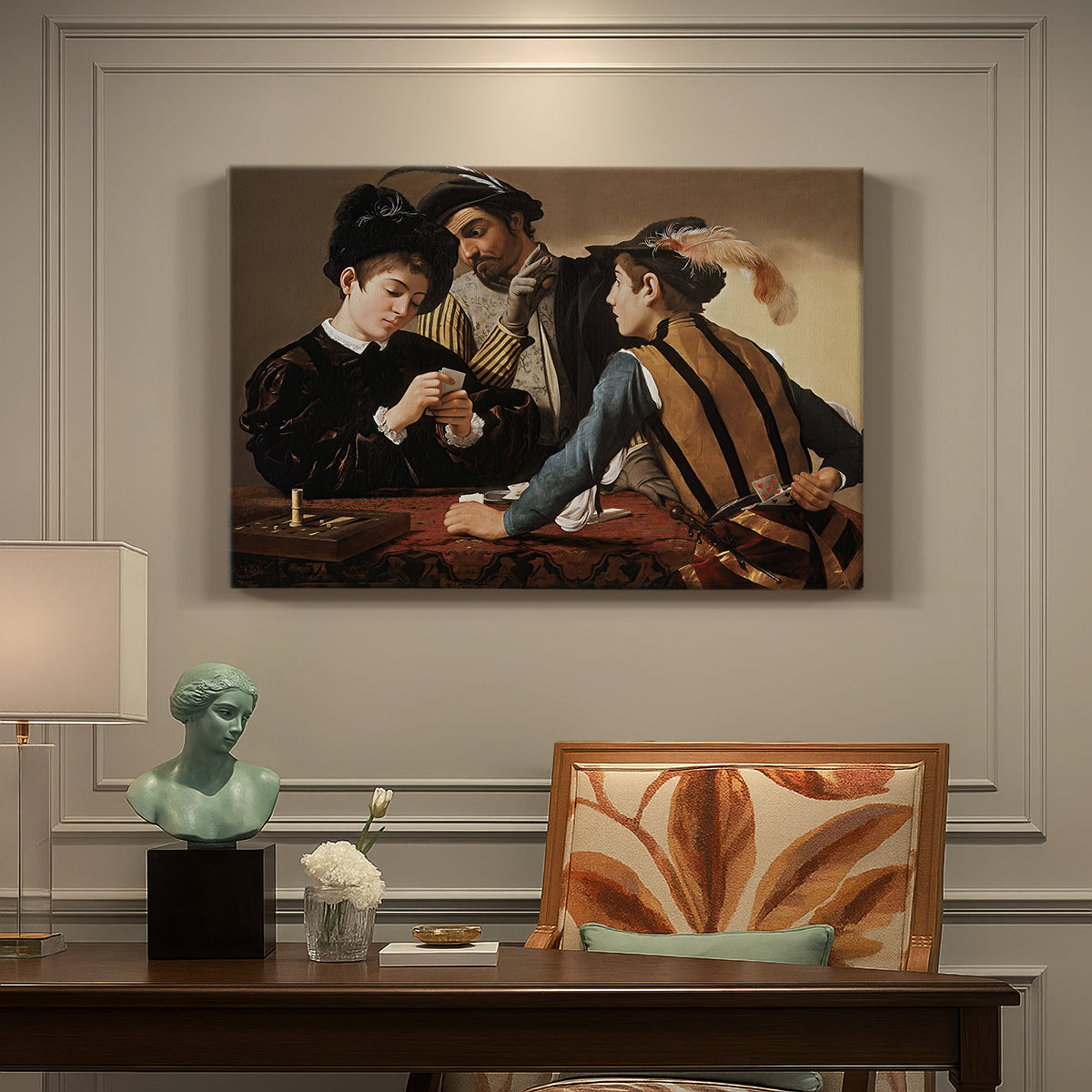 Canvas art print featuring two men cheating at cards while a third figure secretly observes behind them, presented within a refined interior setting