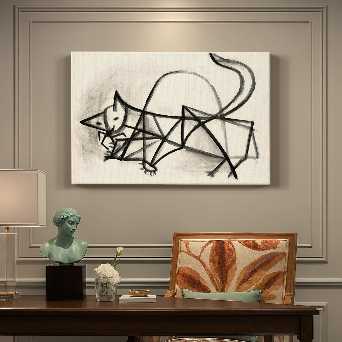 Canvas art print featuring a simplified line drawing of cat using loose strokes, presented within a refined interior setting