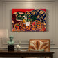 Canvas art print featuring a vibrant still life with fruit, vessels, and patterned objects on a table, presented within a refined interior setting