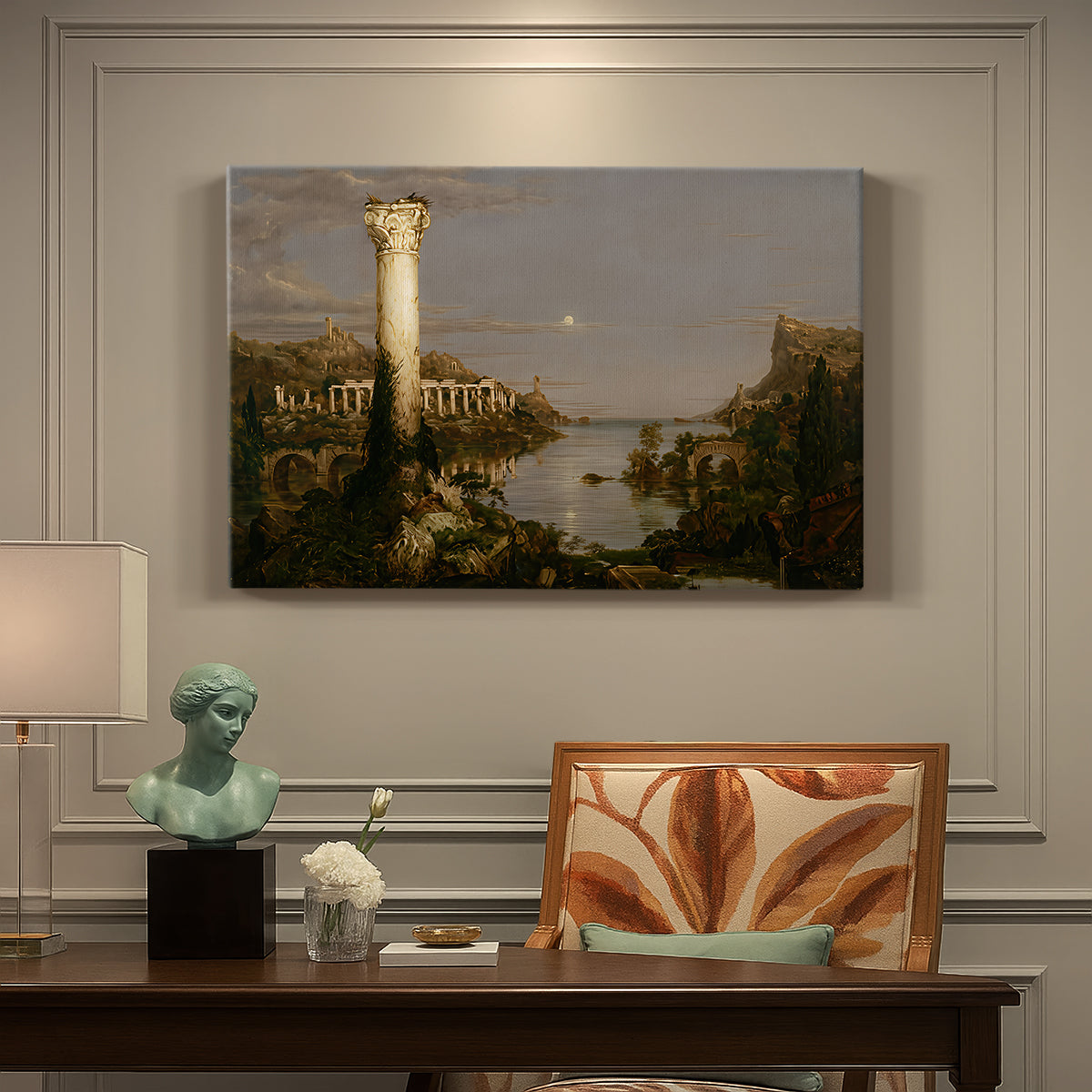 Canvas art print featuring a ruined city overgrown with vegetation under quiet, empty sky, presented within a refined interior setting