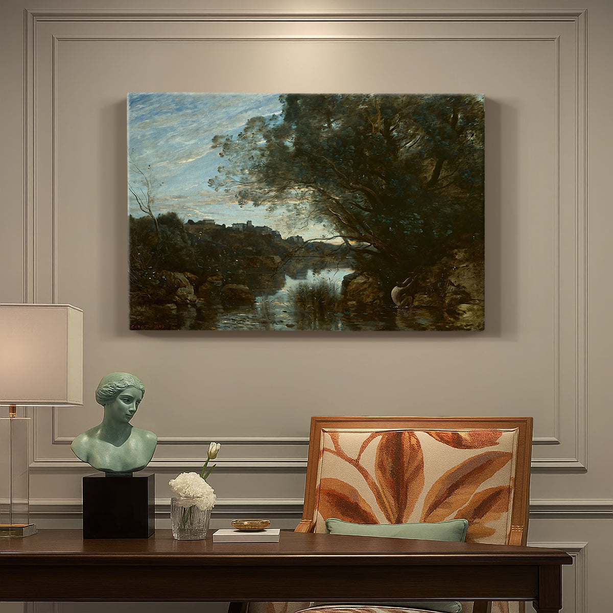 Canvas art print featuring a lake landscape surrounded by trees and distant hills under soft sky, presented within a refined interior setting