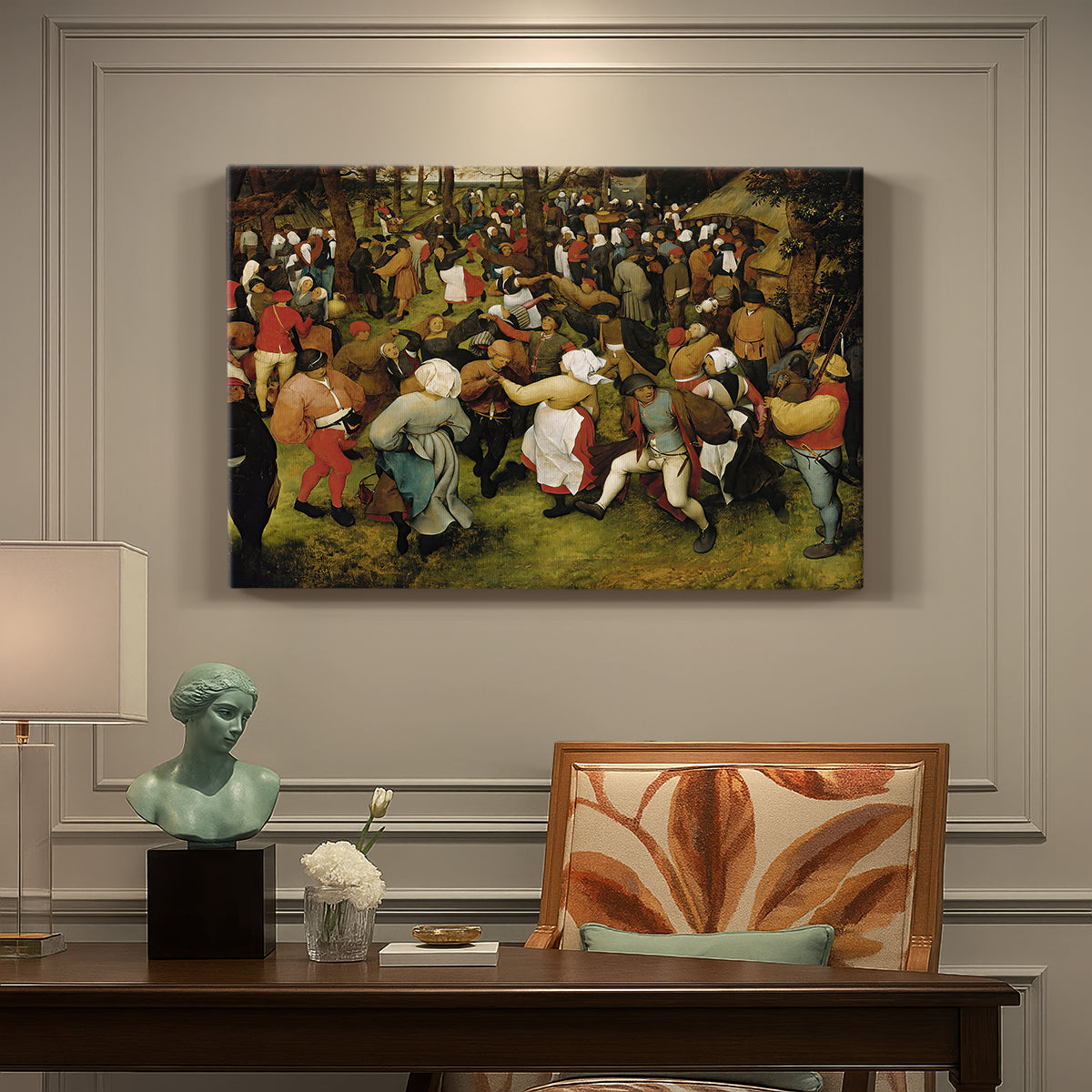 Canvas art print featuring figures dancing in crowded outdoor scene, presented within a refined interior setting