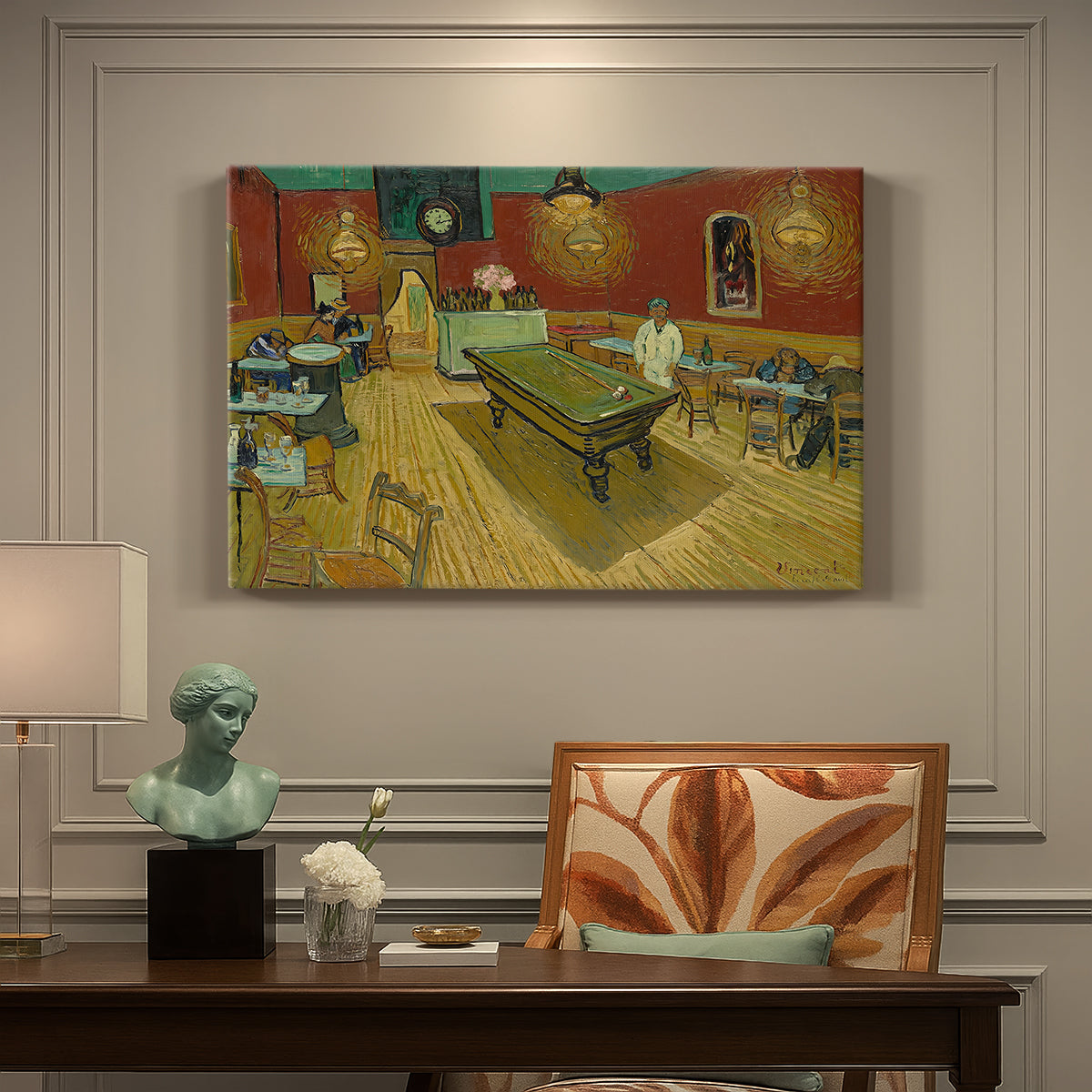 Canvas art print featuring a café interior with billiard table, lamps, and scattered figures under red walls, presented within a refined interior setting
