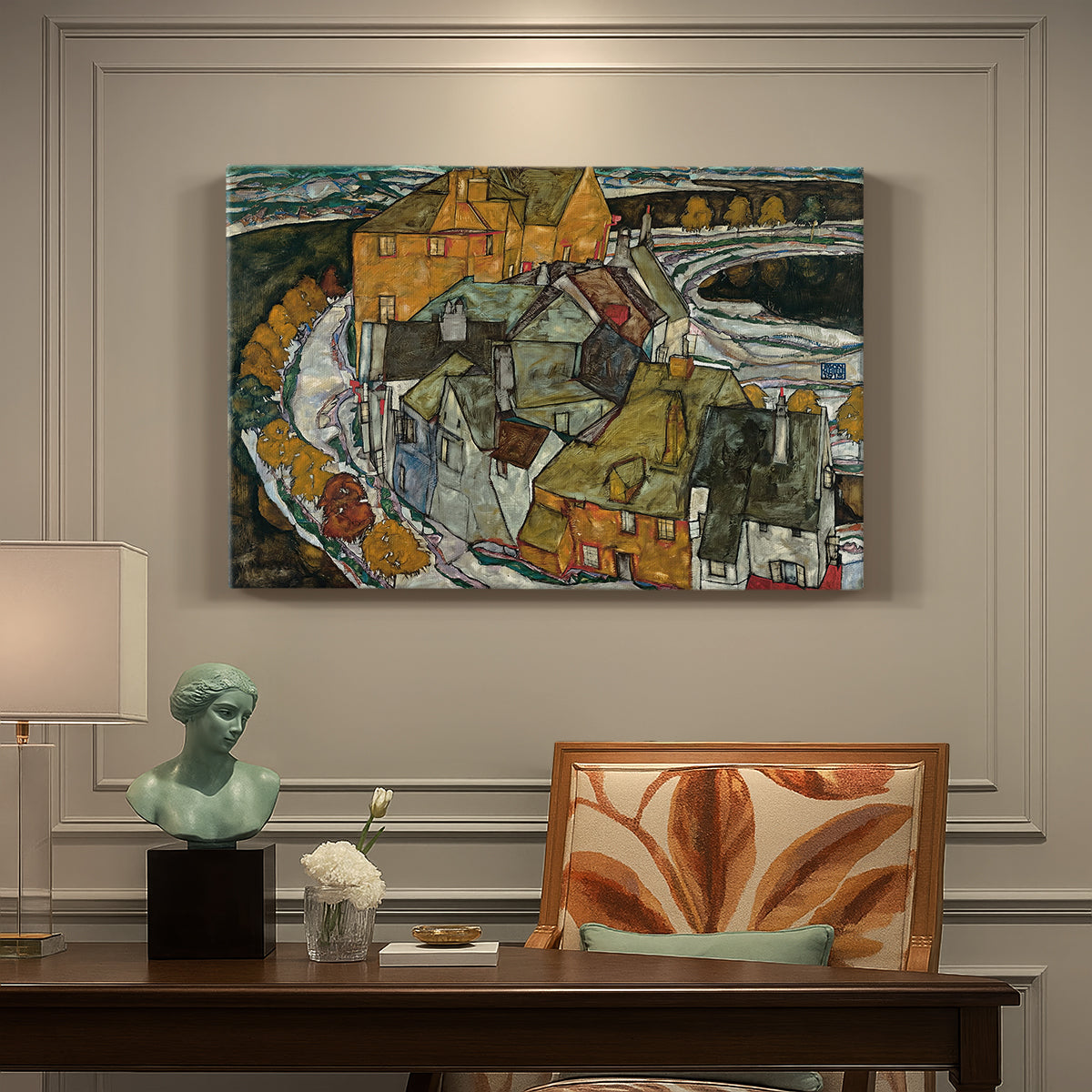 Canvas art print featuring a curved row of colorful houses forming crescent shape along water, presented within a refined interior setting