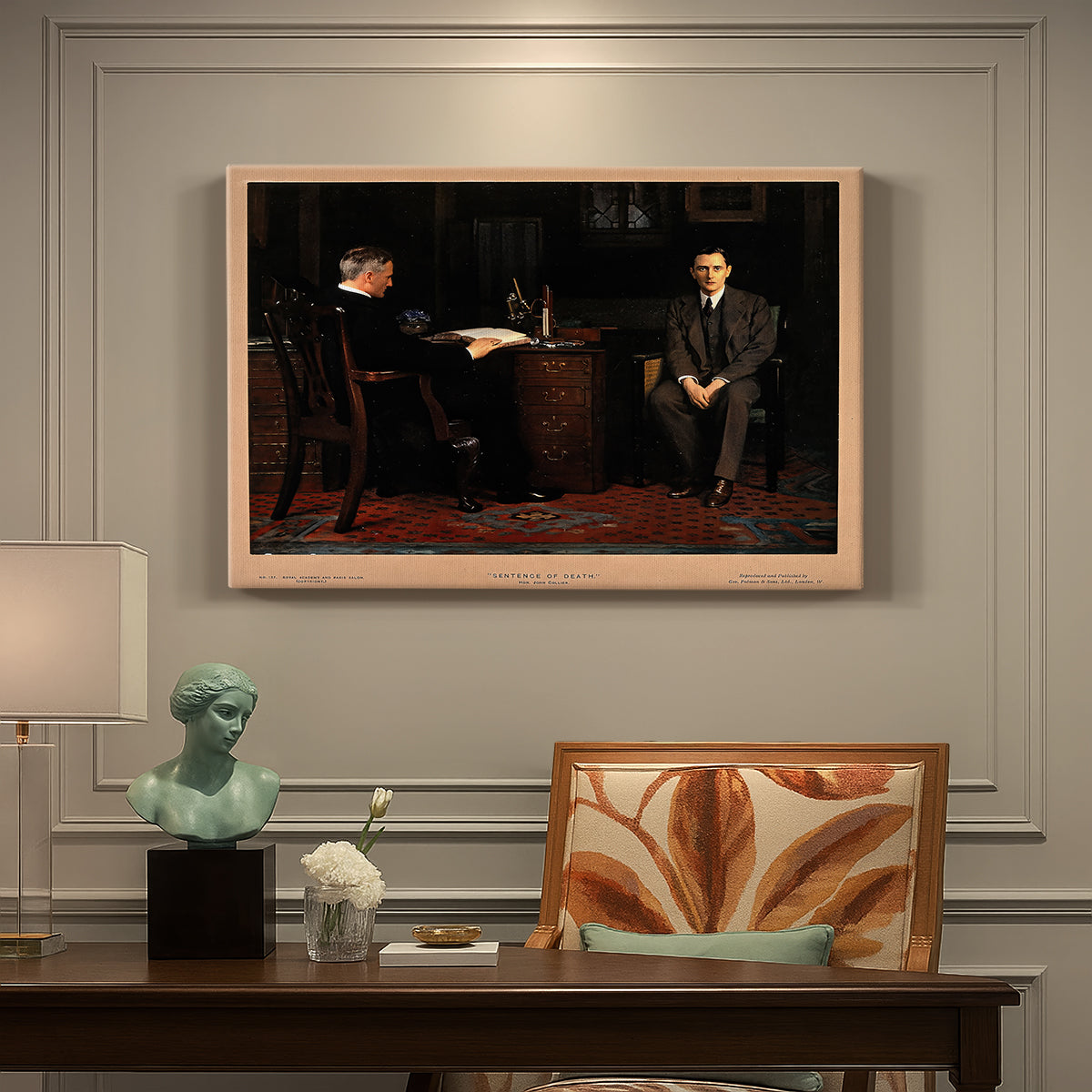Canvas art print featuring a group of figures gathered indoors around central figure, presented within a refined interior setting