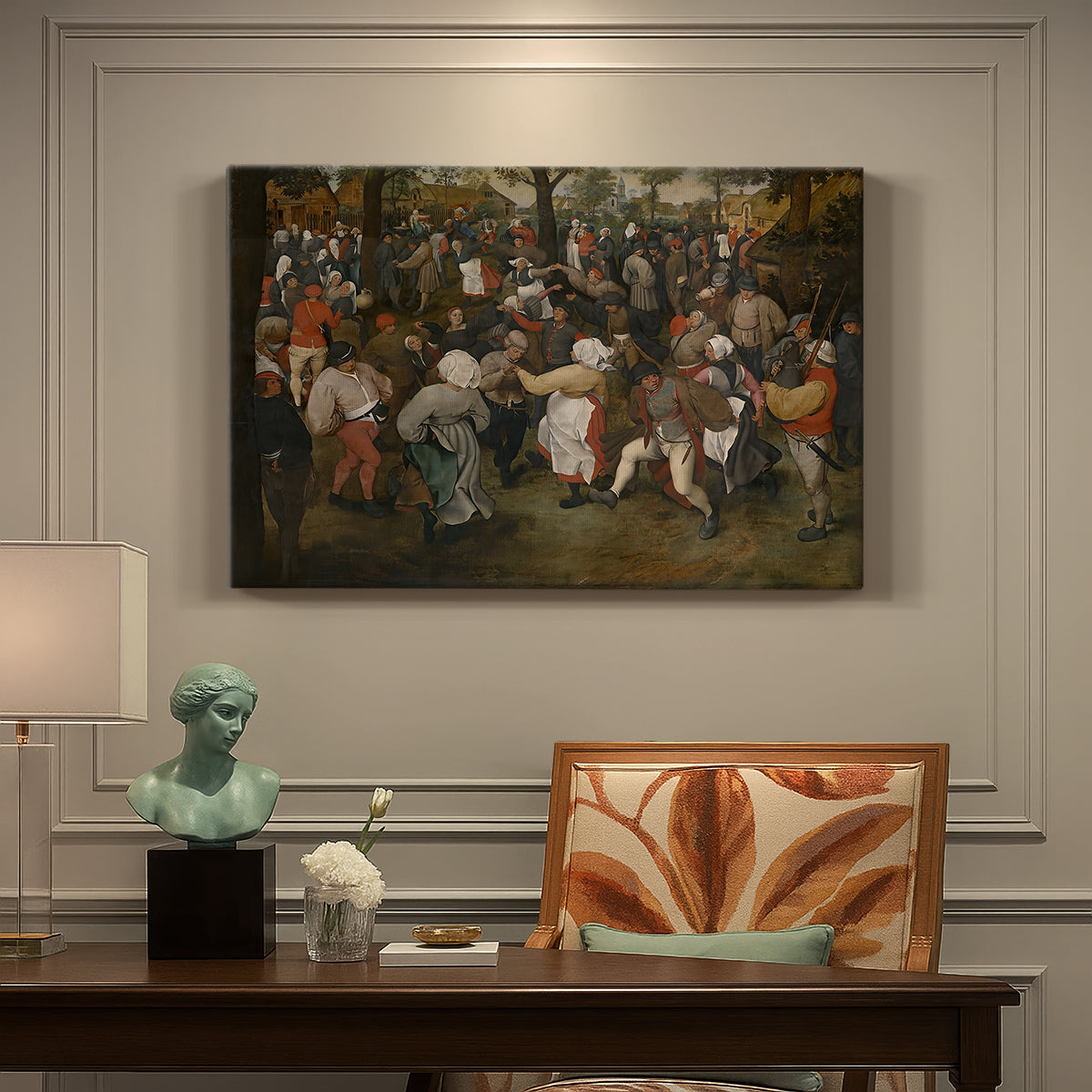 Canvas art print featuring a crowd dancing in outdoor wedding celebration, presented within a refined interior setting