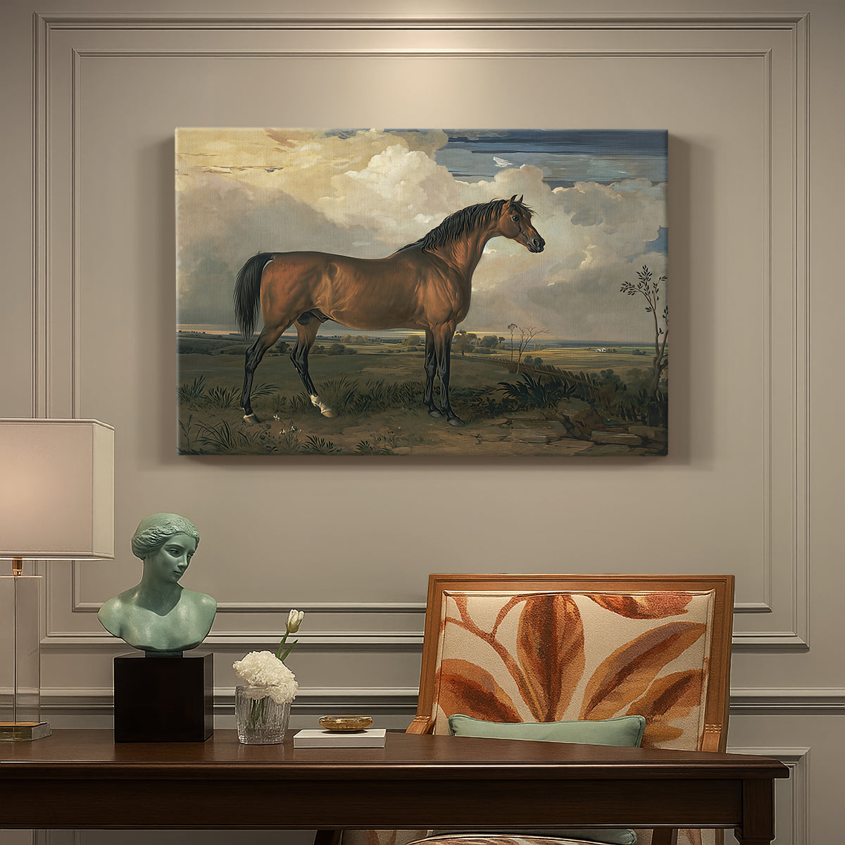 Canvas art print featuring a horse standing prominently in open landscape with strong posture, presented within a refined interior setting