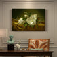 Canvas art print featuring magnolia blossoms arranged on gold velvet surface, presented within a refined interior setting