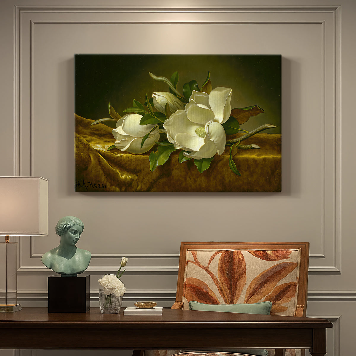 Canvas art print featuring magnolia blossoms arranged on gold velvet surface, presented within a refined interior setting