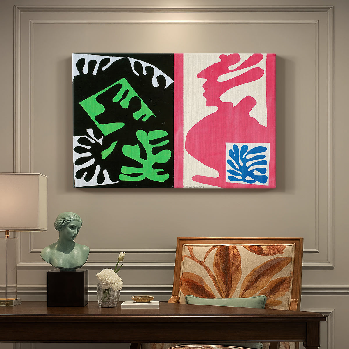 Canvas art print featuring an abstract collage of bold black and red shapes in dynamic arrangement, presented within a refined interior setting
