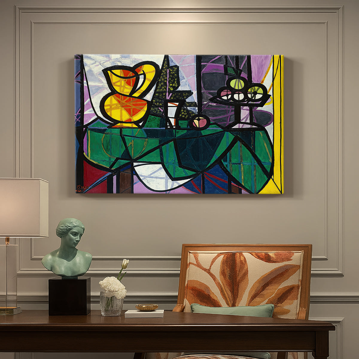 Canvas art print featuring a still life with pitcher and fruit in cubist composition, presented within a refined interior setting