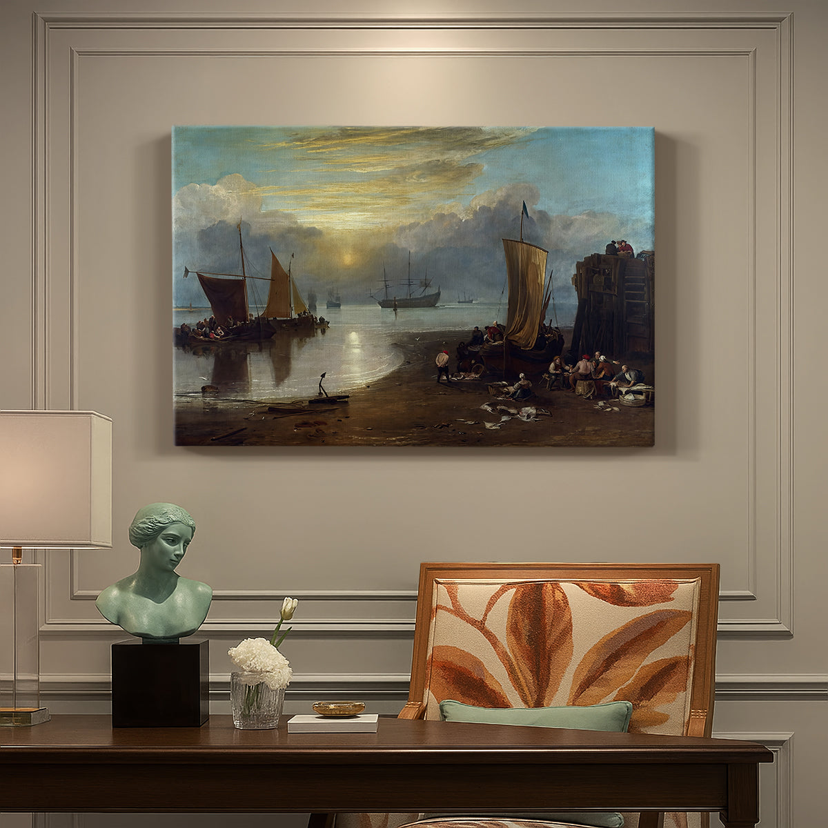 Canvas art print featuring a sunrise over harbor with fishermen working among boats, presented within a refined interior setting