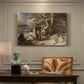 Canvas art print featuring a group of hunters and dogs gathered after hunt in countryside, presented within a refined interior setting