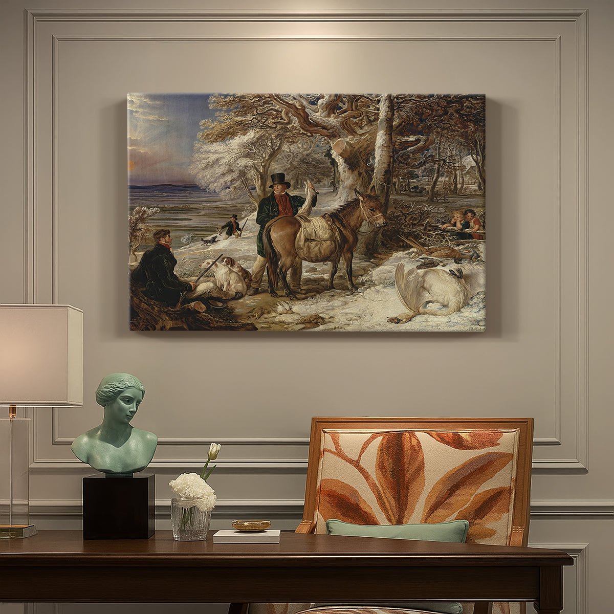 Canvas art print featuring a group of hunters and dogs gathered after hunt in countryside, presented within a refined interior setting