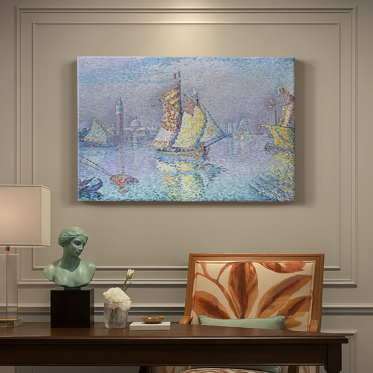 Canvas art print featuring a boat with yellow sail on water, presented within a refined interior setting