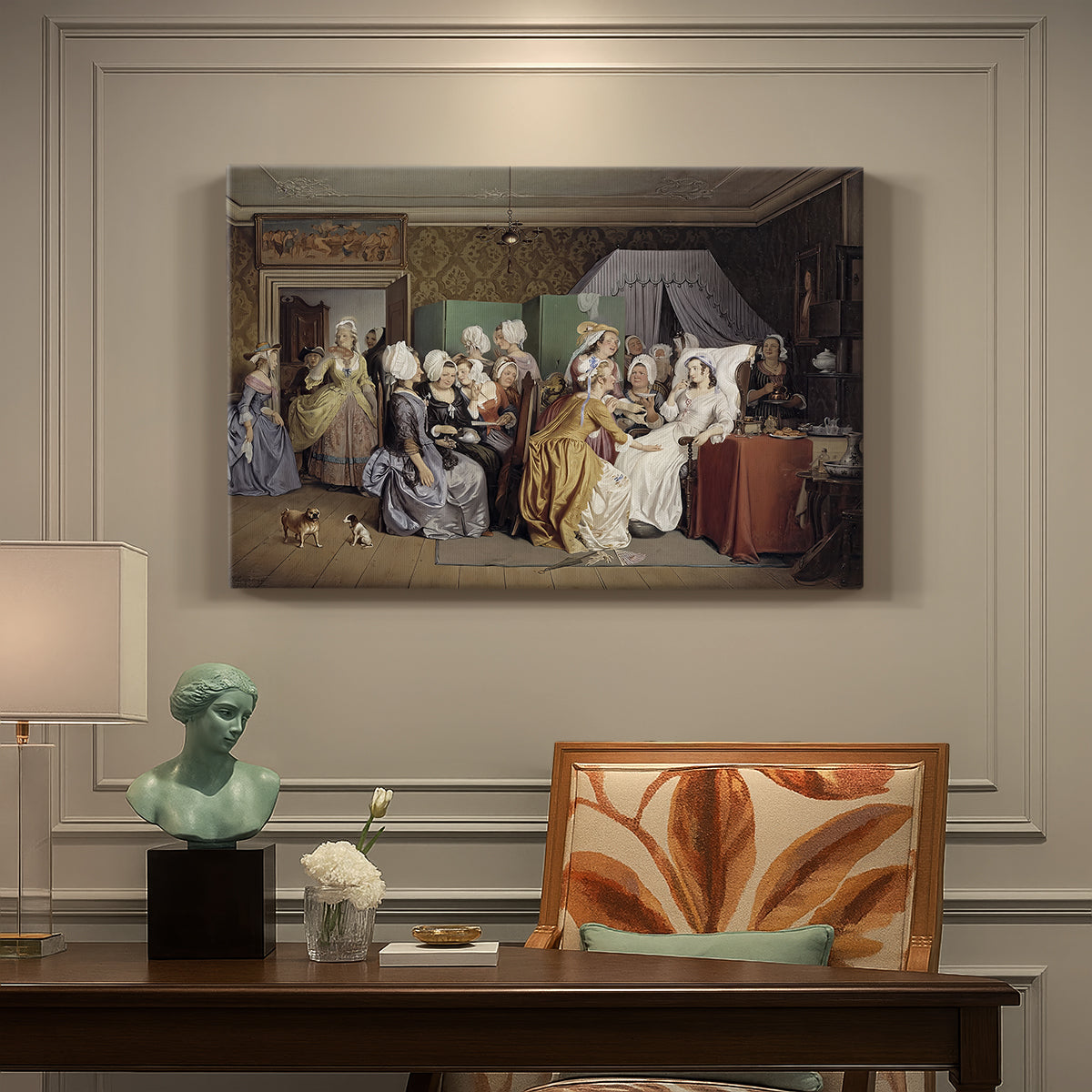 Canvas art print featuring women gathered around mother and newborn in domestic interior, presented within a refined interior setting