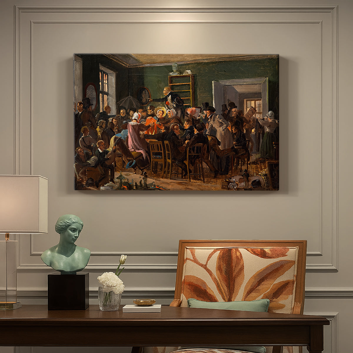Canvas art print featuring a crowded interior with people gathered for auction activity, presented within a refined interior setting