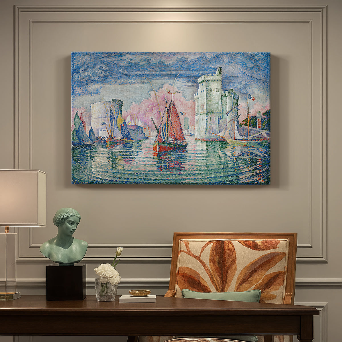 Canvas art print featuring a harbor opening with boats and structures, presented within a refined interior setting