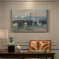 Canvas art print featuring a muted cityscape of bridge spanning river under overcast sky, presented within a refined interior setting